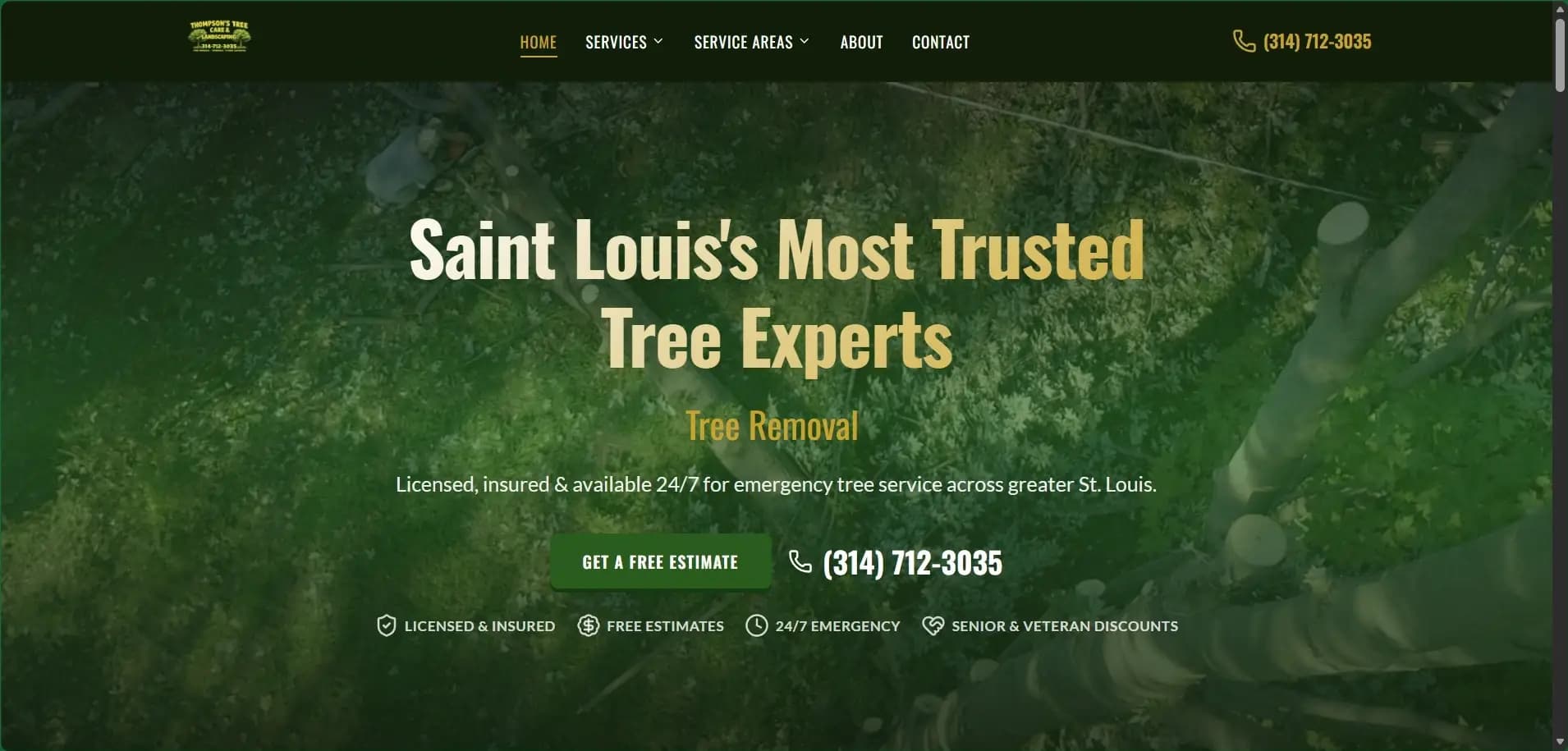 Thompson's Tree Care website hero: “Saint Louis's Most Trusted Tree Experts” over a green leafy background with a contact number.
