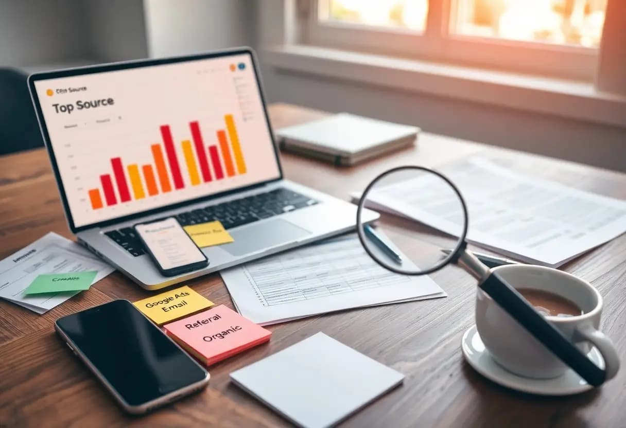 Laptop screen shows a colorful 'Top Source' bar chart with marketing notes on sticky notes (Google Ads, Email, Organic, Referral) on a wooden desk with a phone, magnifier, and coffee cup in view.