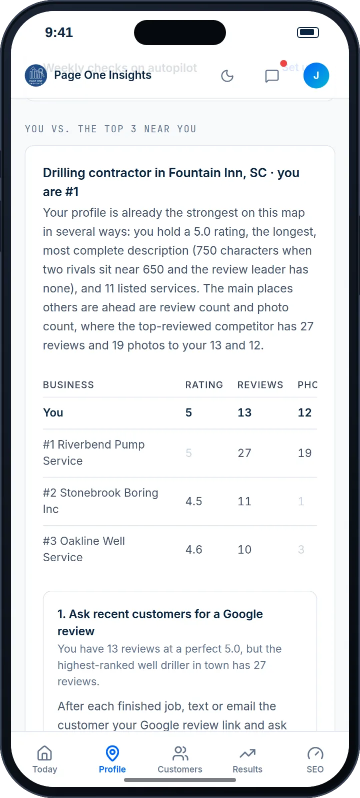 Page One Portal competitor report: the sample business compared with the top three nearby businesses on rating, reviews and photos