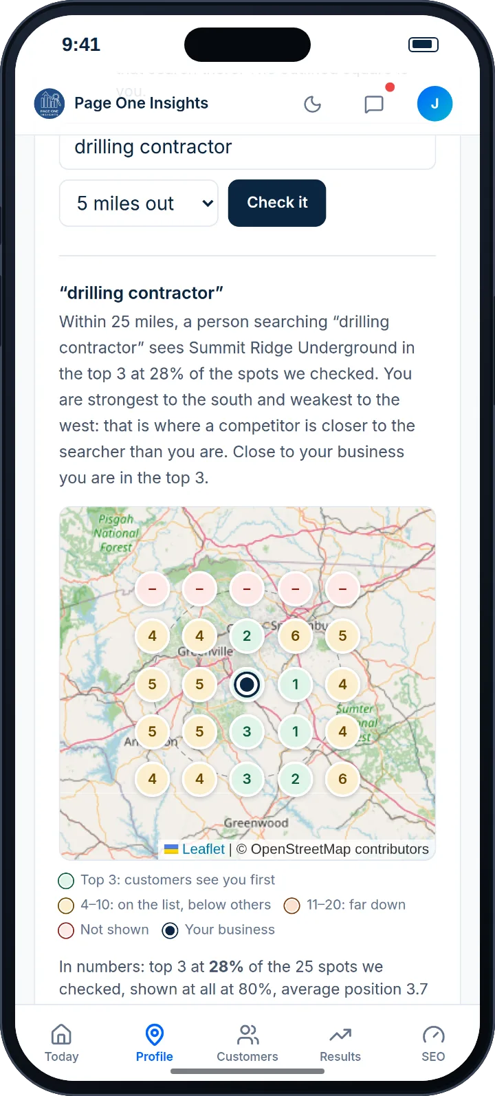 Page One Portal map rank grid: 25 numbered points on a map showing the sample business's Google Maps position across its service area