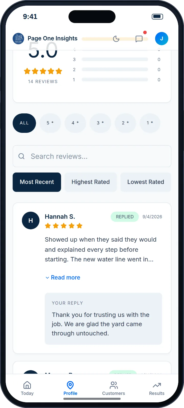 Page One Portal Reviews screen: a 5.0 star rating from 14 Google reviews and a published reply to a customer review