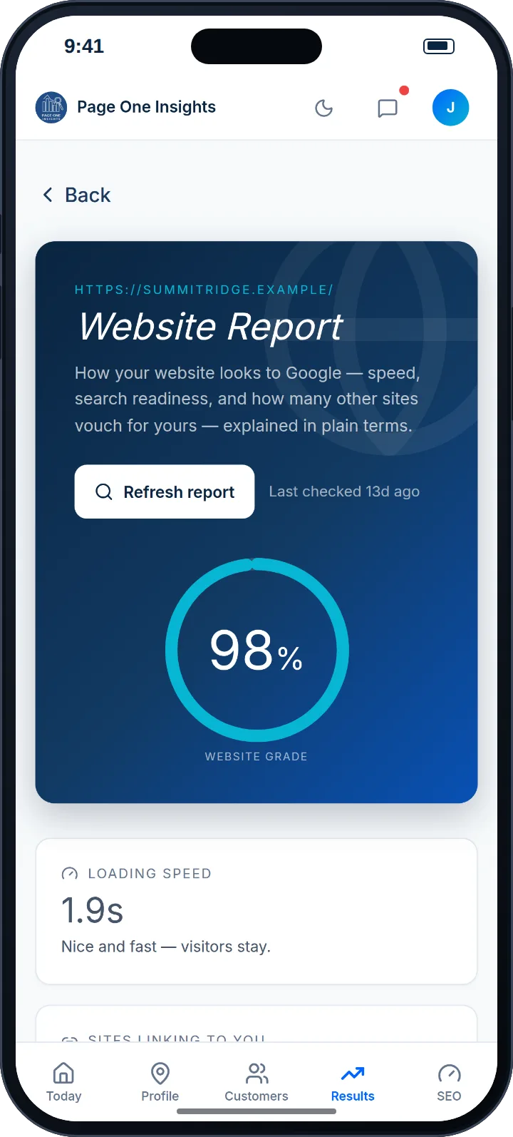 Page One Portal Website Report: a 98 percent website grade and a 1.9 second loading speed